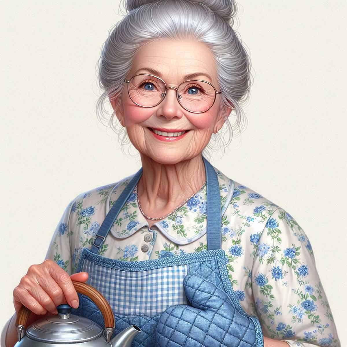 A grandmother wearing a blue oven mitt and holding a silver tea kettle.