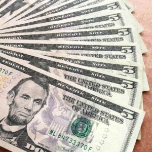 A dozen five dollar bills fanned out on a tan background.