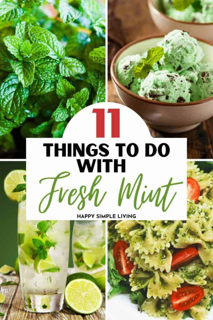 Collage of four images: fresh mint leaves, mint ice cream, a minty cocktail with lime, and pasta with mint. Text in center reads, 11 Things to Do with Fresh Mint - Happy Simple Living.