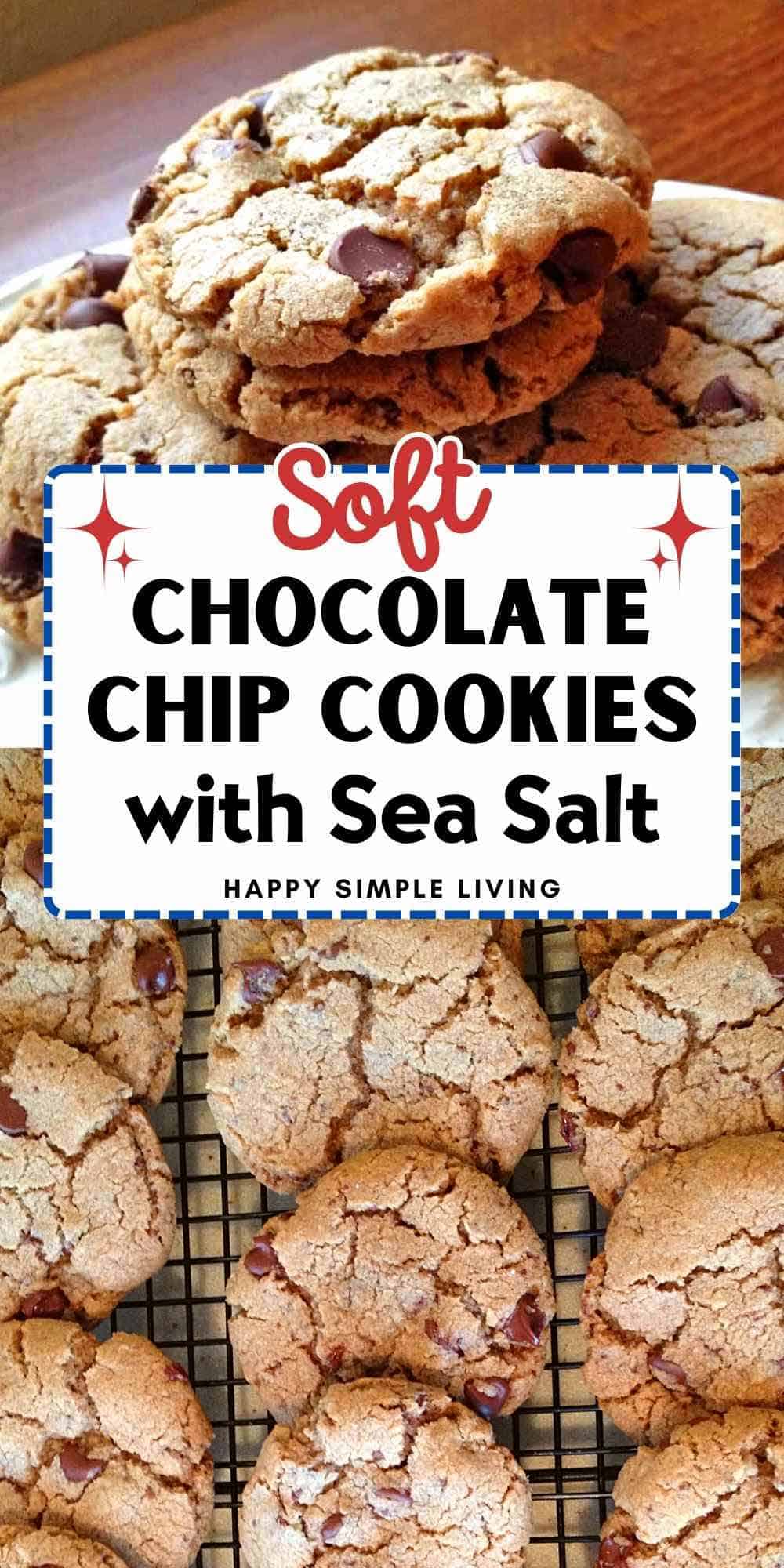 Chocolate chip cookies with sea salt up close and shown on a cooling rack.