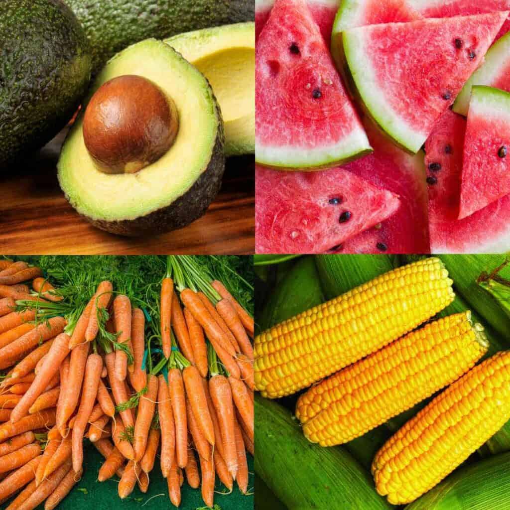 avocados, watermelon, sweet corn and carrots, all listed on the EWG's Clean Fifteen list for 2023.
