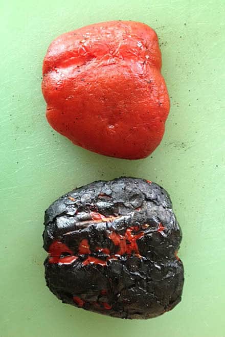 Peeled and unpeeled roasted red peppers