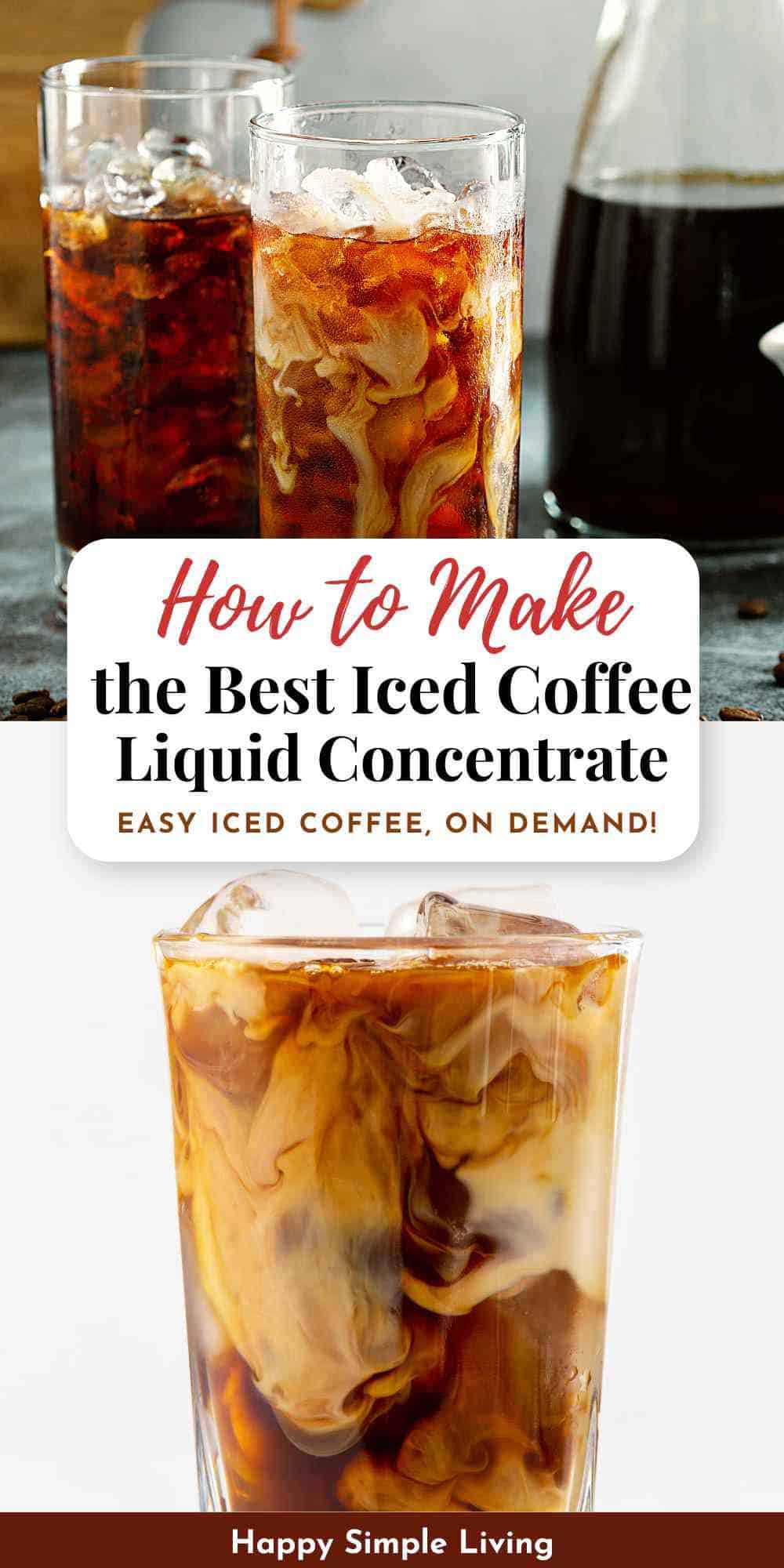 A bottle of iced coffee concentrate and three iced coffee drinks in glasses.