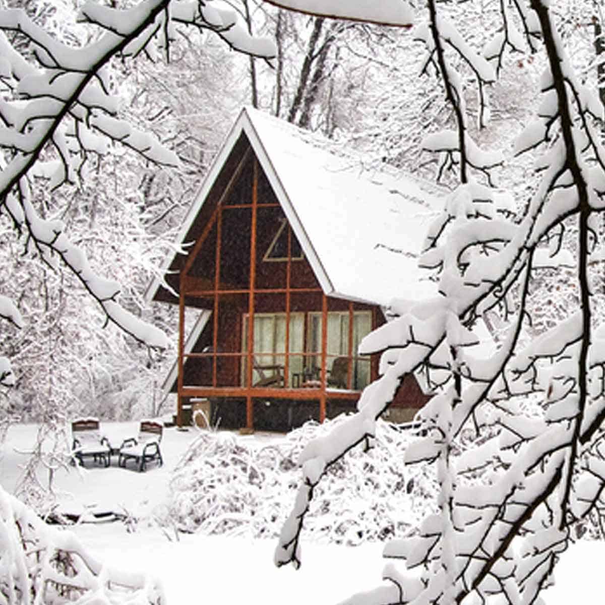 An A-frame cabin in the middle of snowy woods.