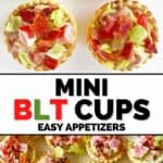 Four close up mini blt cups and a tray of the appetizers ready for serving.