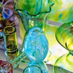 A collection of colorful hand blown art glass.