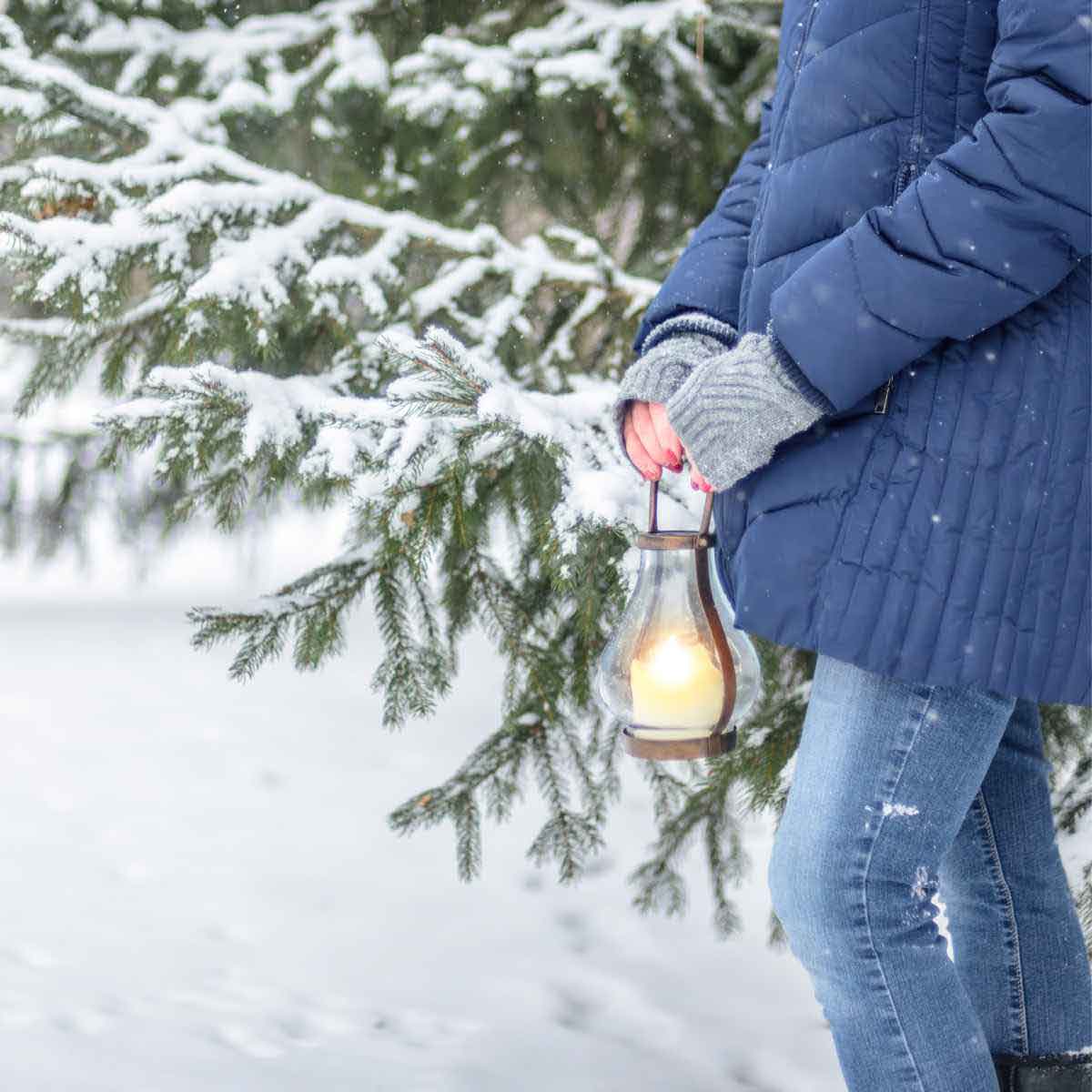 A woman in a blue winter coat carrying a lantern near snowy pine boughs.