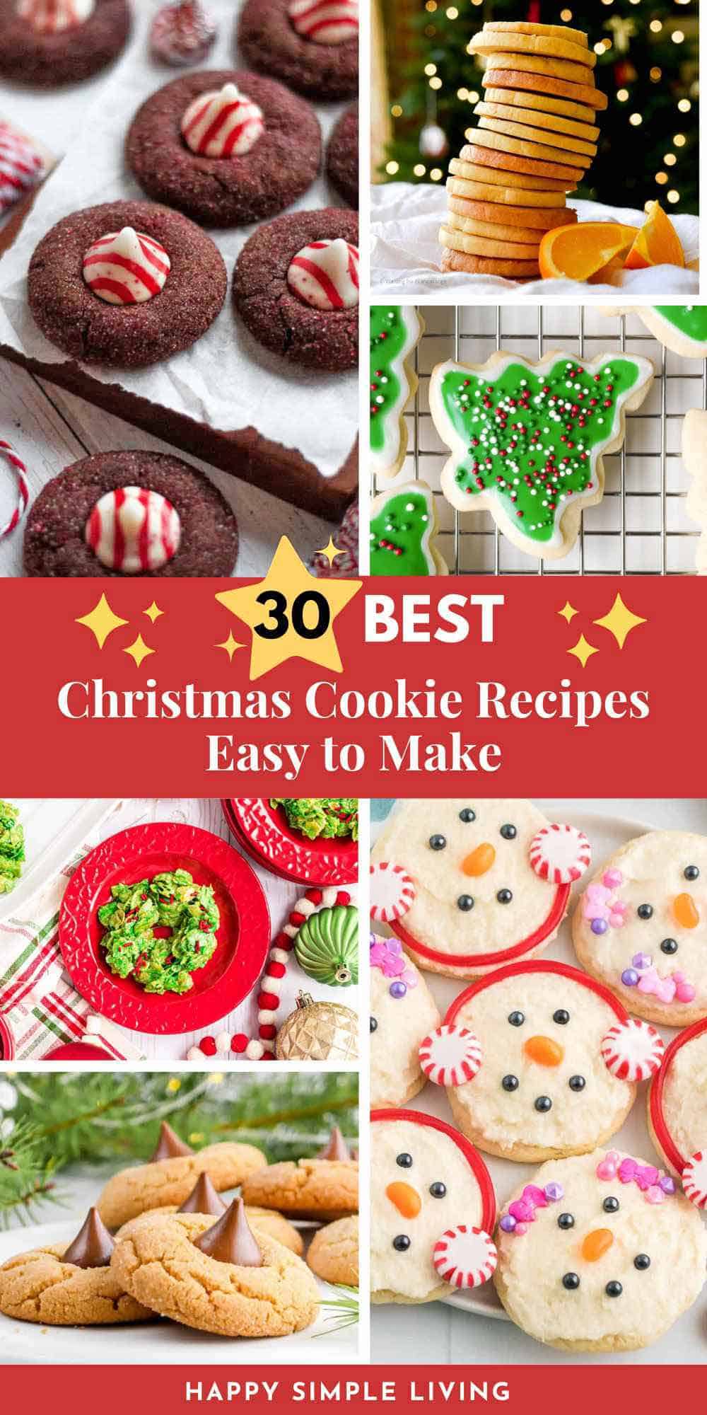 Chocolate kiss cookies, orange sugar cookies, Christmas tree cookies, wreath cookies, snowman cookies and peanut butter blossoms.
