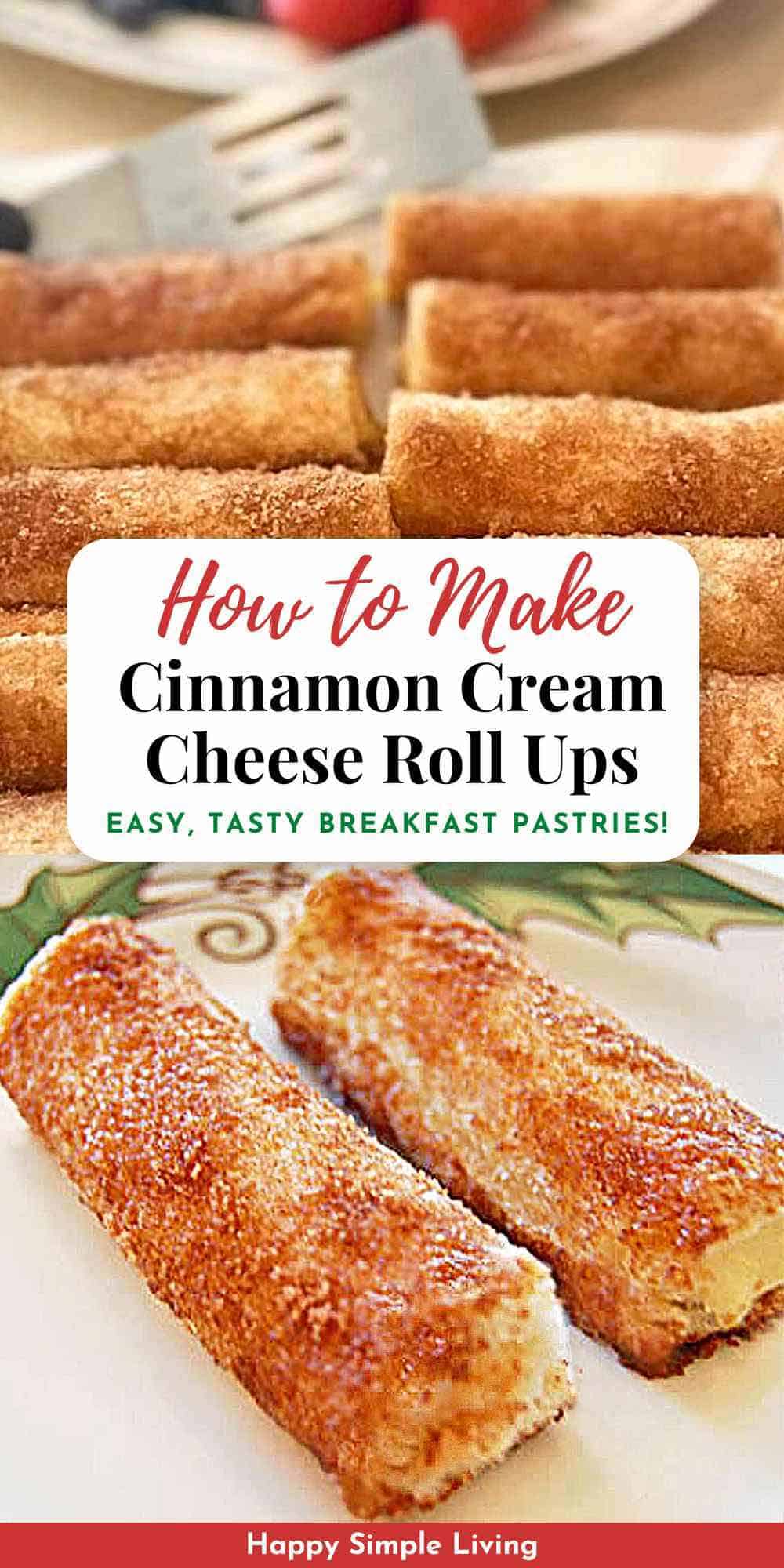 Cinnamon Cream Cheese Roll Ups shown on a serving platter and as an individual serving on a plate.