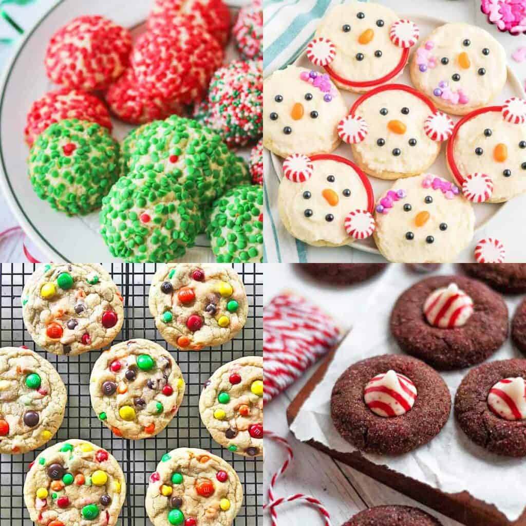 Red and green sugar cookies, snowman cookies, chocolate kiss cookies and M & M cookies.