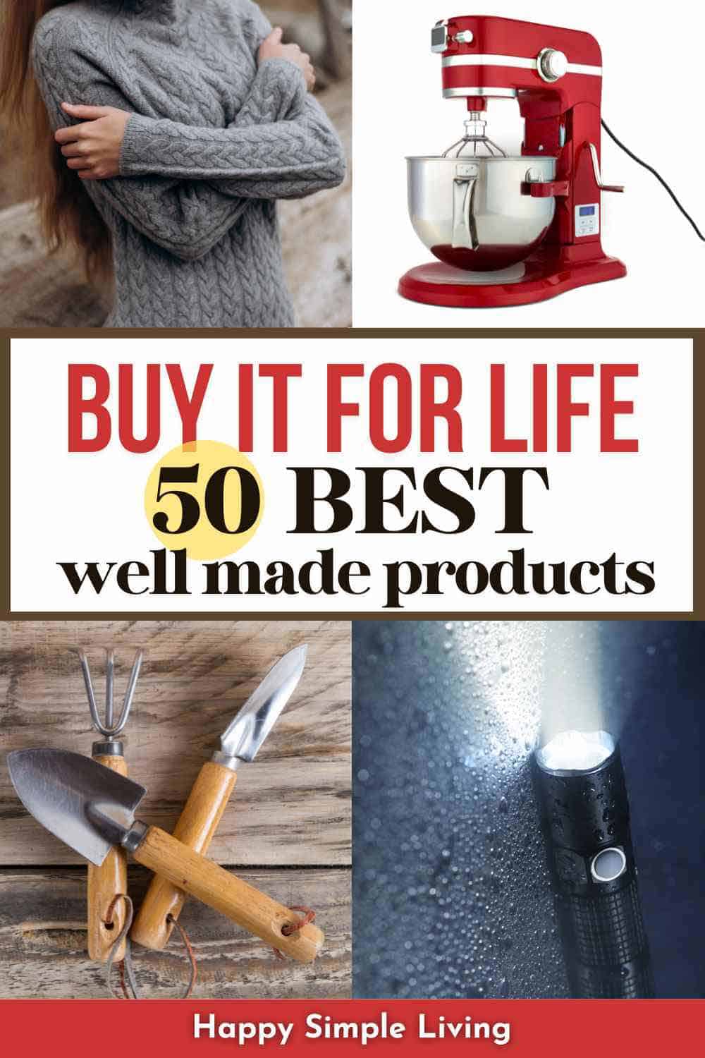 A woman in a cashmere sweater, a KitchenAid stand mixer, a flashlight, and quality garden tools.