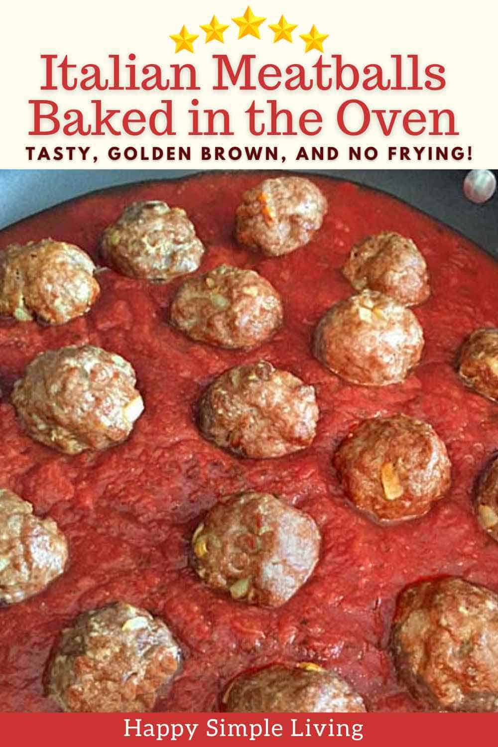 A batch of oven baked meatballs in a skillet with marinara sauce. 