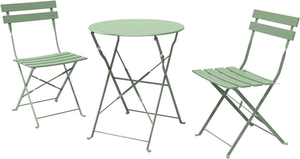 a green folding table and chairs.