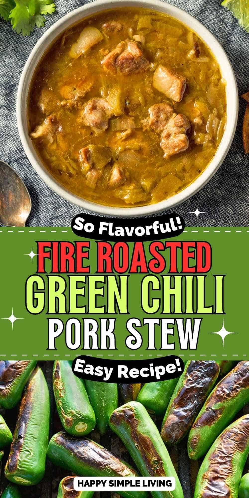 A bowl of green chili pork stew and a pile of fire roasted green chile peppers.
