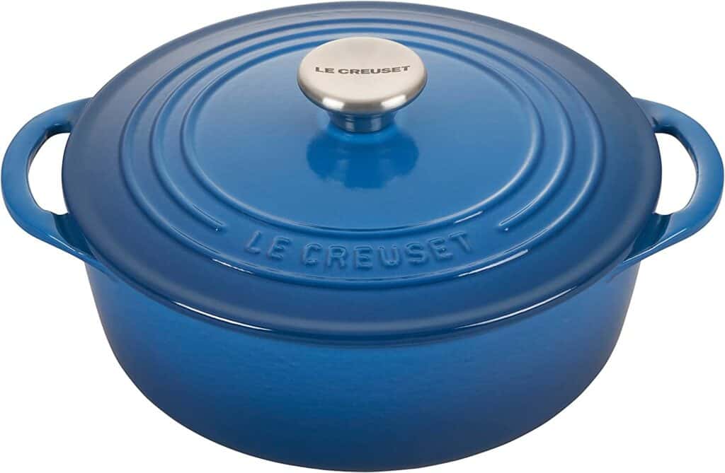 A blue Le Creuset Dutch Oven.