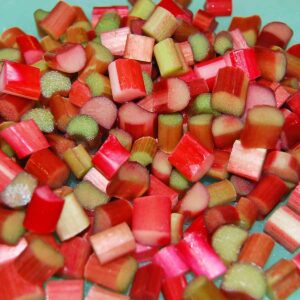 Chopped red rhubarb, ready to be blanched and frozen.