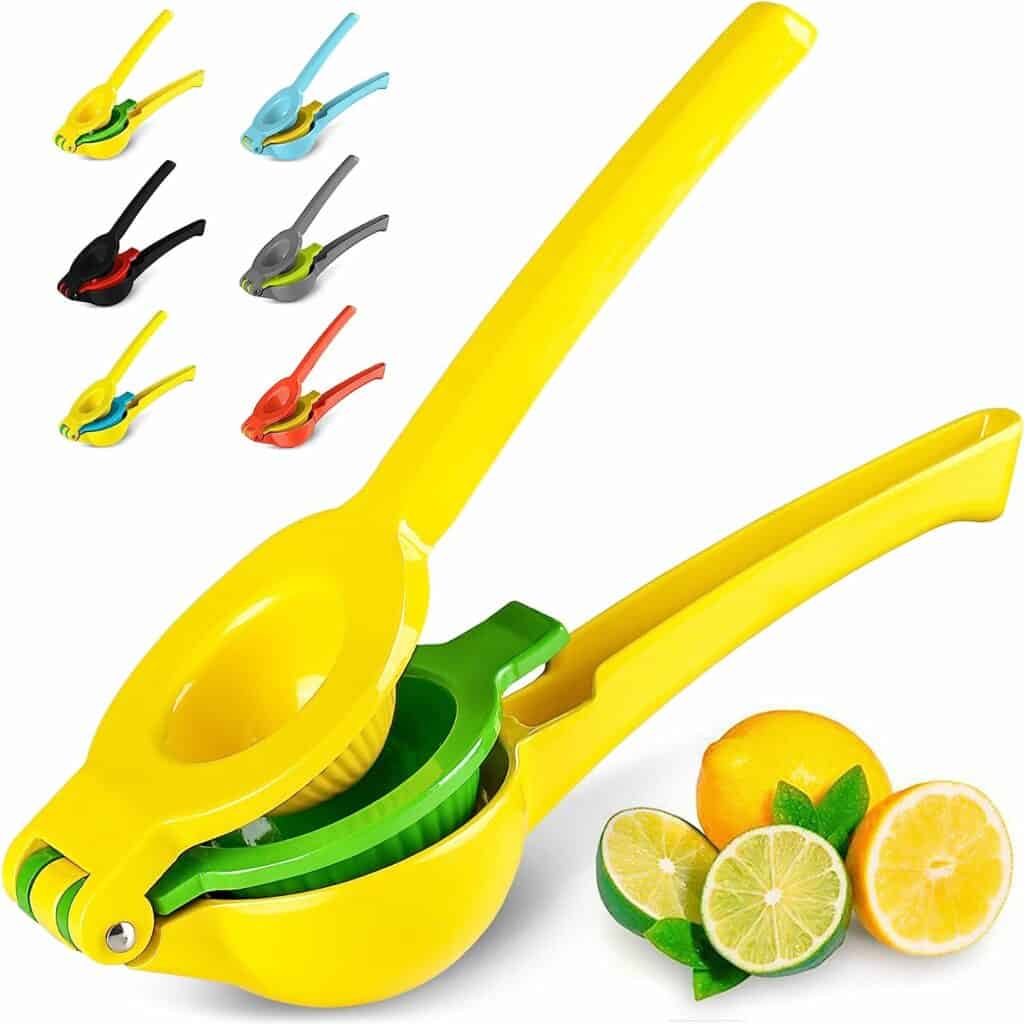 A yellow and green handheld citrus squeezer.