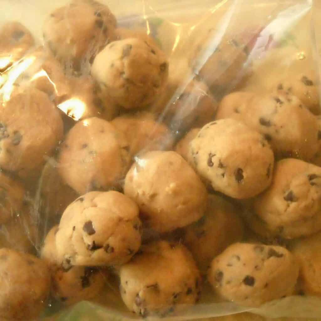 Freezer bag filled with cookie dough balls