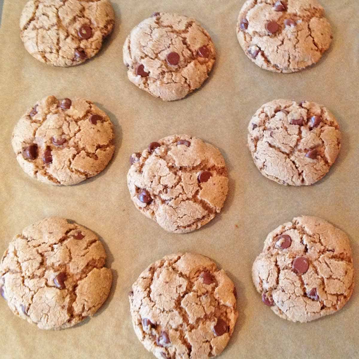 Nine soft salty sweet chocolate chip cookies on a parchment paper lined baking sheet.