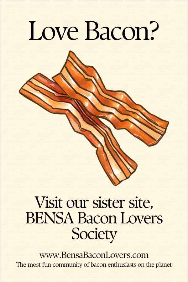 Two bacon slices and BENSA Bacon Lovers Society intro.