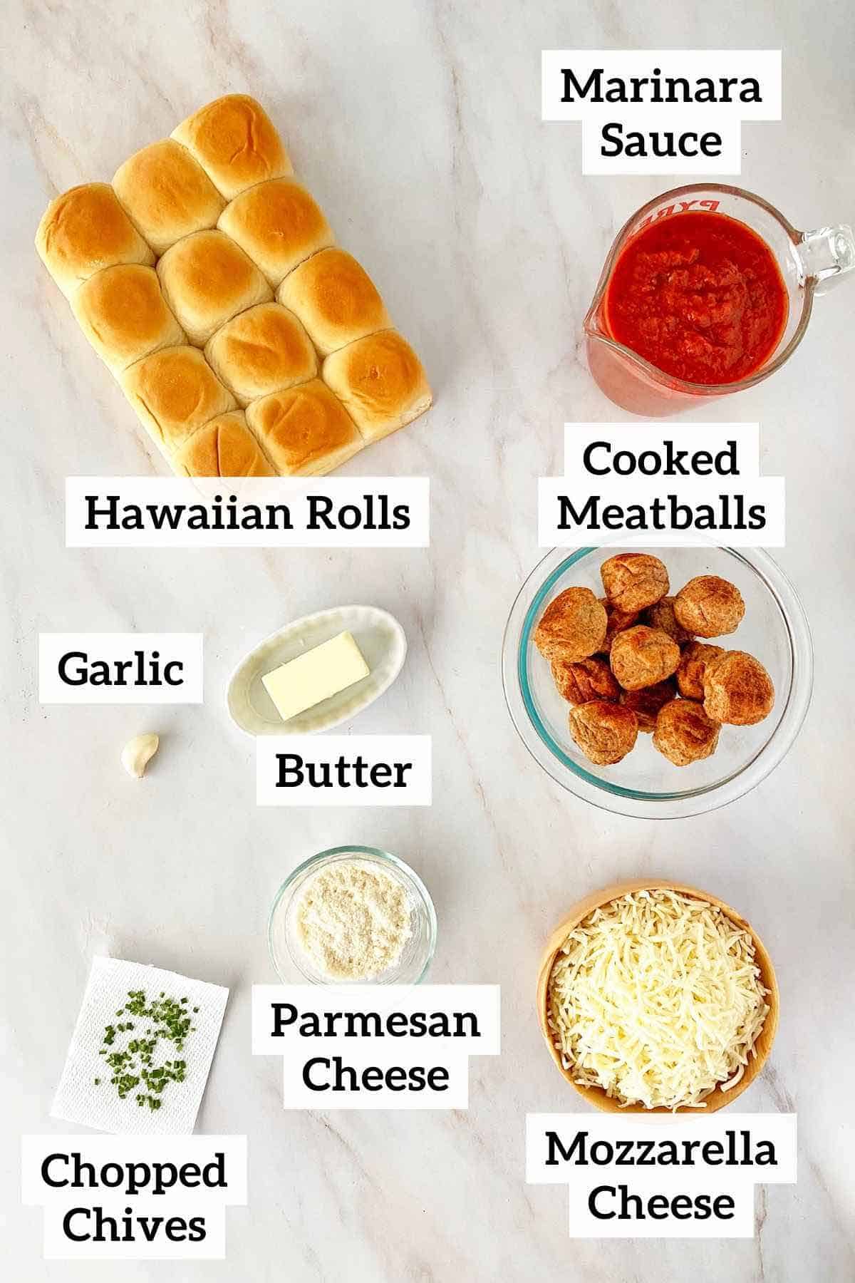 Hawaiian rolls, marinara sauce, meatballs, cheese, butter, garlic and seasonings.
