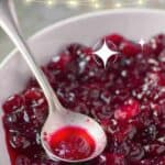 A white bowl filled with homemade cranberry sauce and a silver serving spoon.