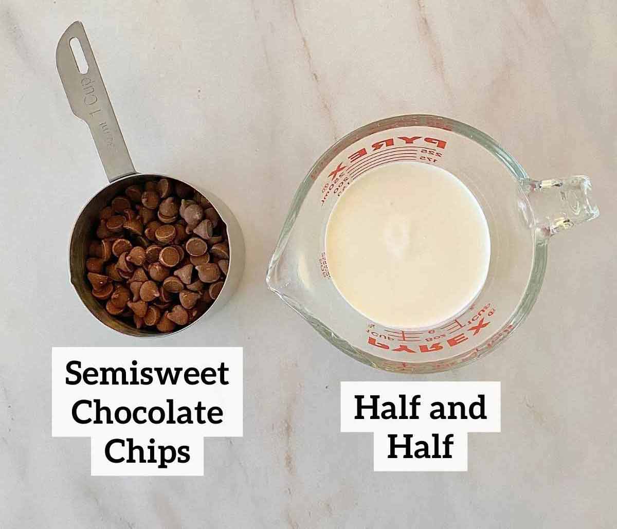 Chocolate chips and a measuring cup with half and half.