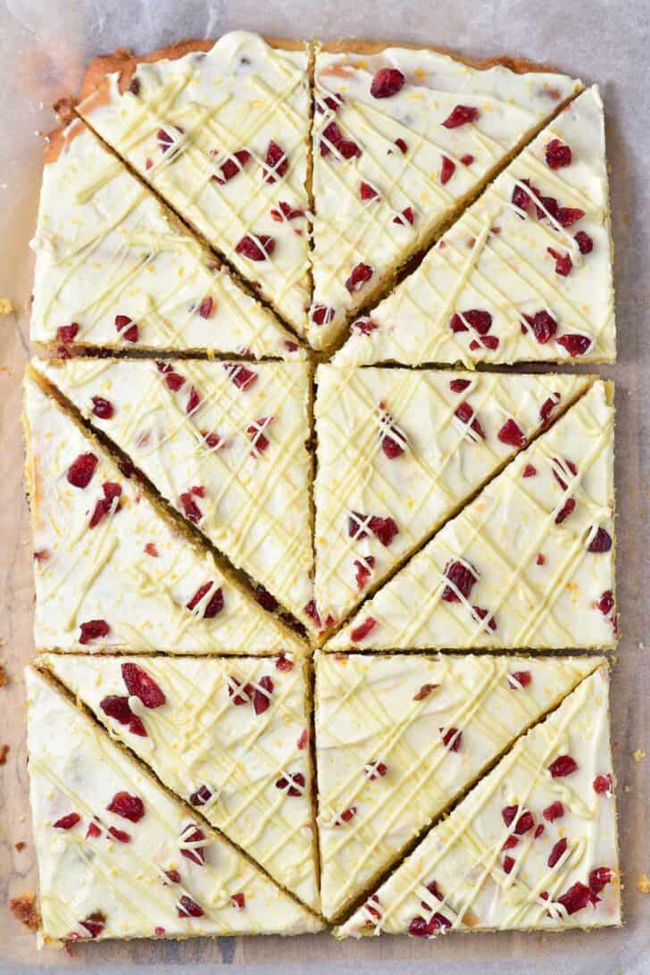 Cranberry White Chocolate Bars cut in 12 triangles.