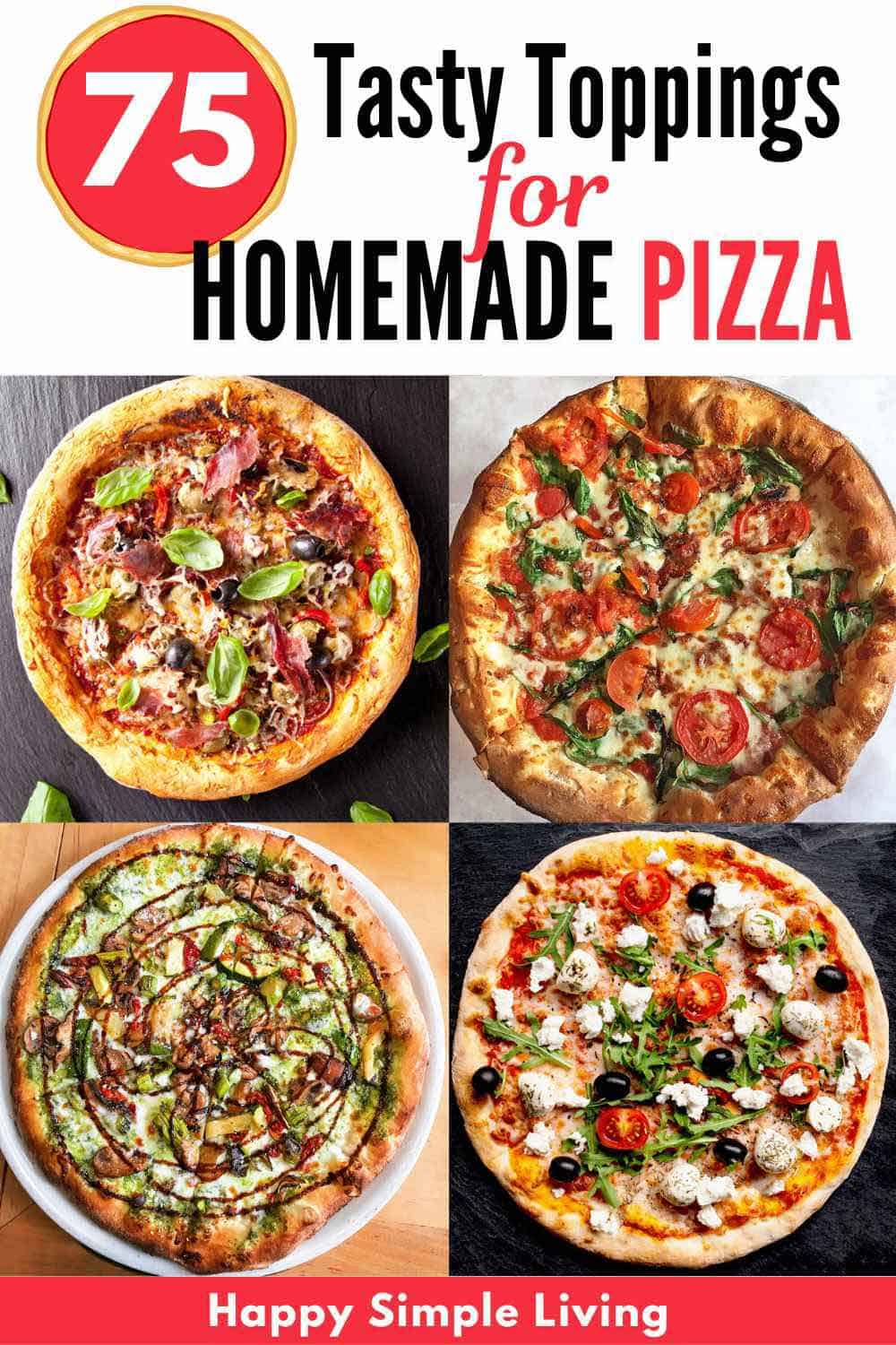 Four different homemade pizzas with different toppings.