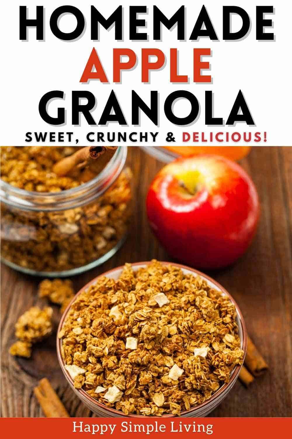 A bowl and jar of homemade apple granola and a fresh apple.