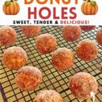 Pumpkin spice donut holes rolled in cinnamon sugar on a cooling rack.