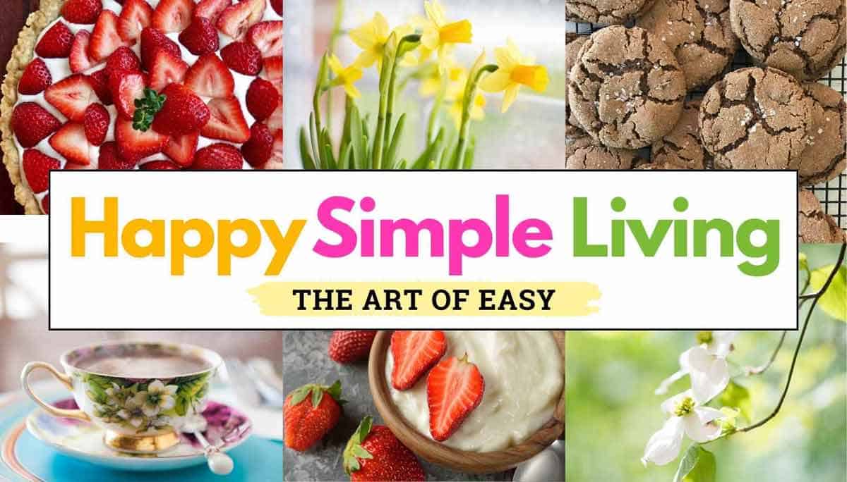 Strawberry pie, daffodils, ginger crinkle cookies, a flowering branch, Greek yogurt, and a china teacup.