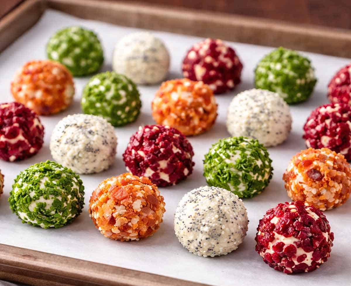 mini cheese balls rolled in coatings on a parchment lined baking sheet and ready to refrigerate.