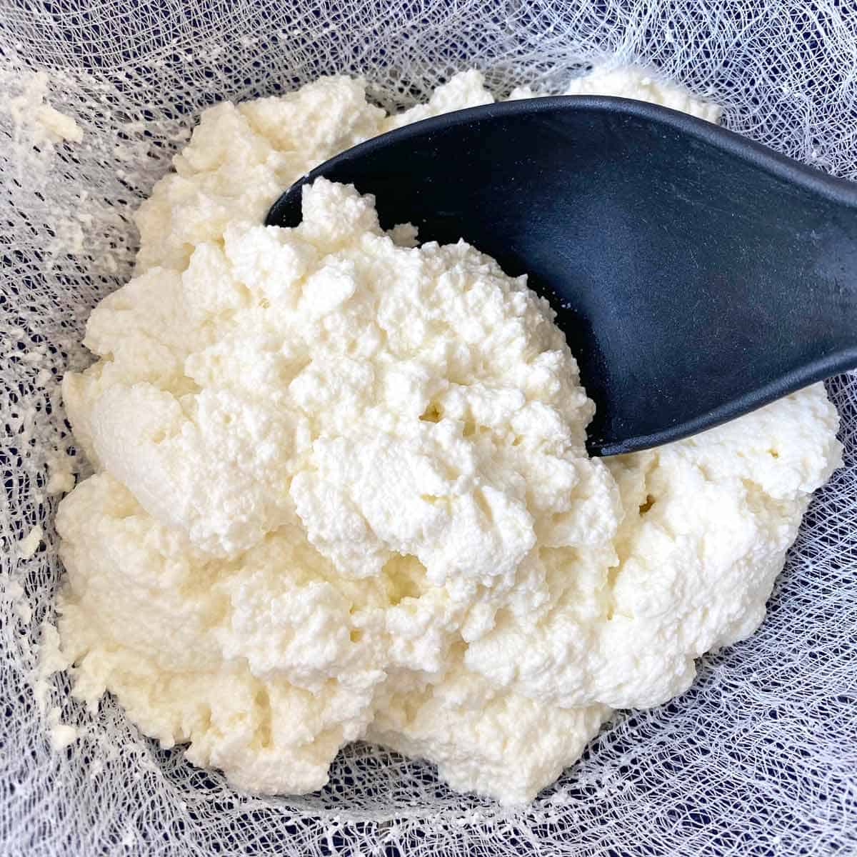 Ricotta cheese in a cheese cloth with a spoon stirring it to fluff.