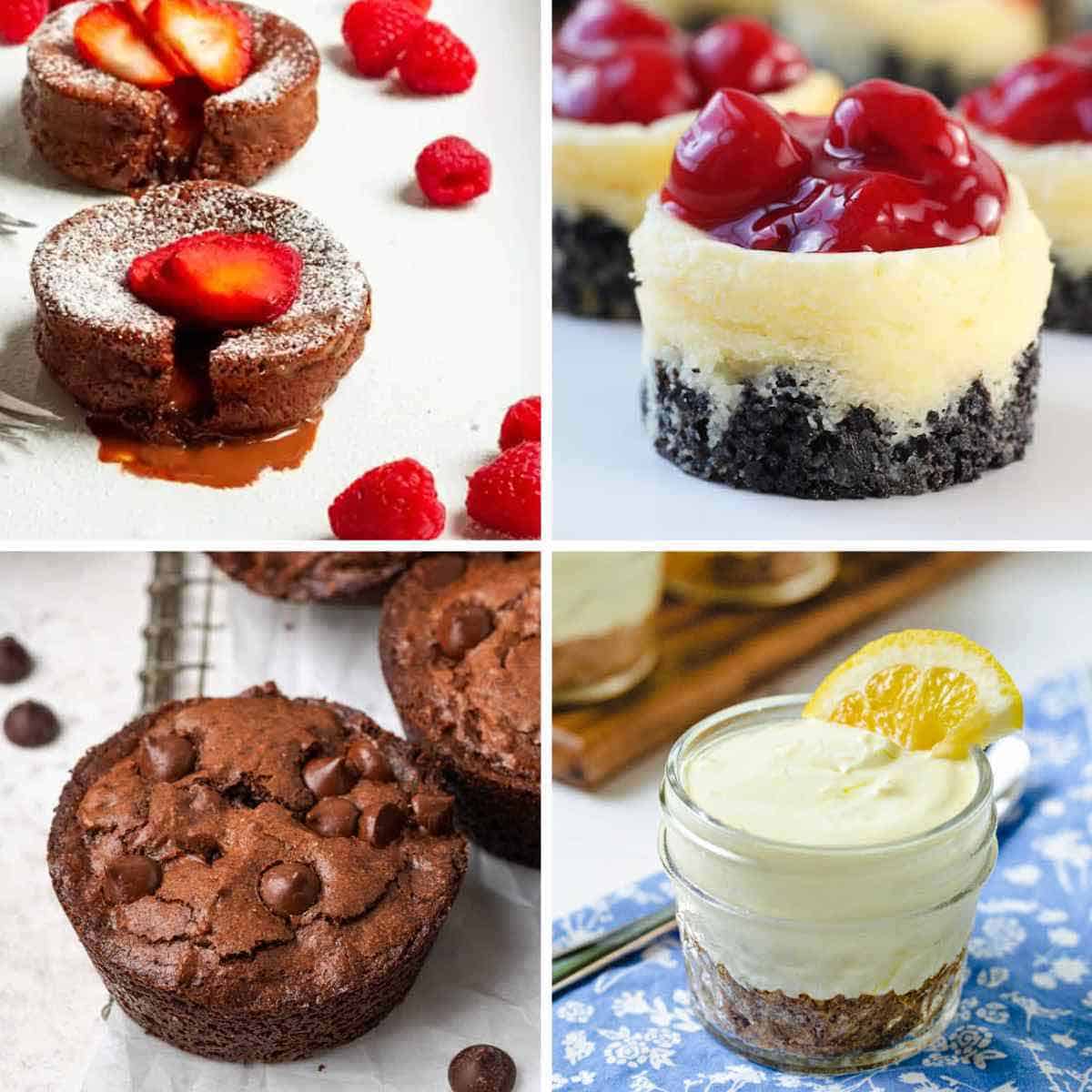 Chocolate lava cakes, mini cherry cheesecakes, lemon icebox desserts, and mini chocolate brownies.