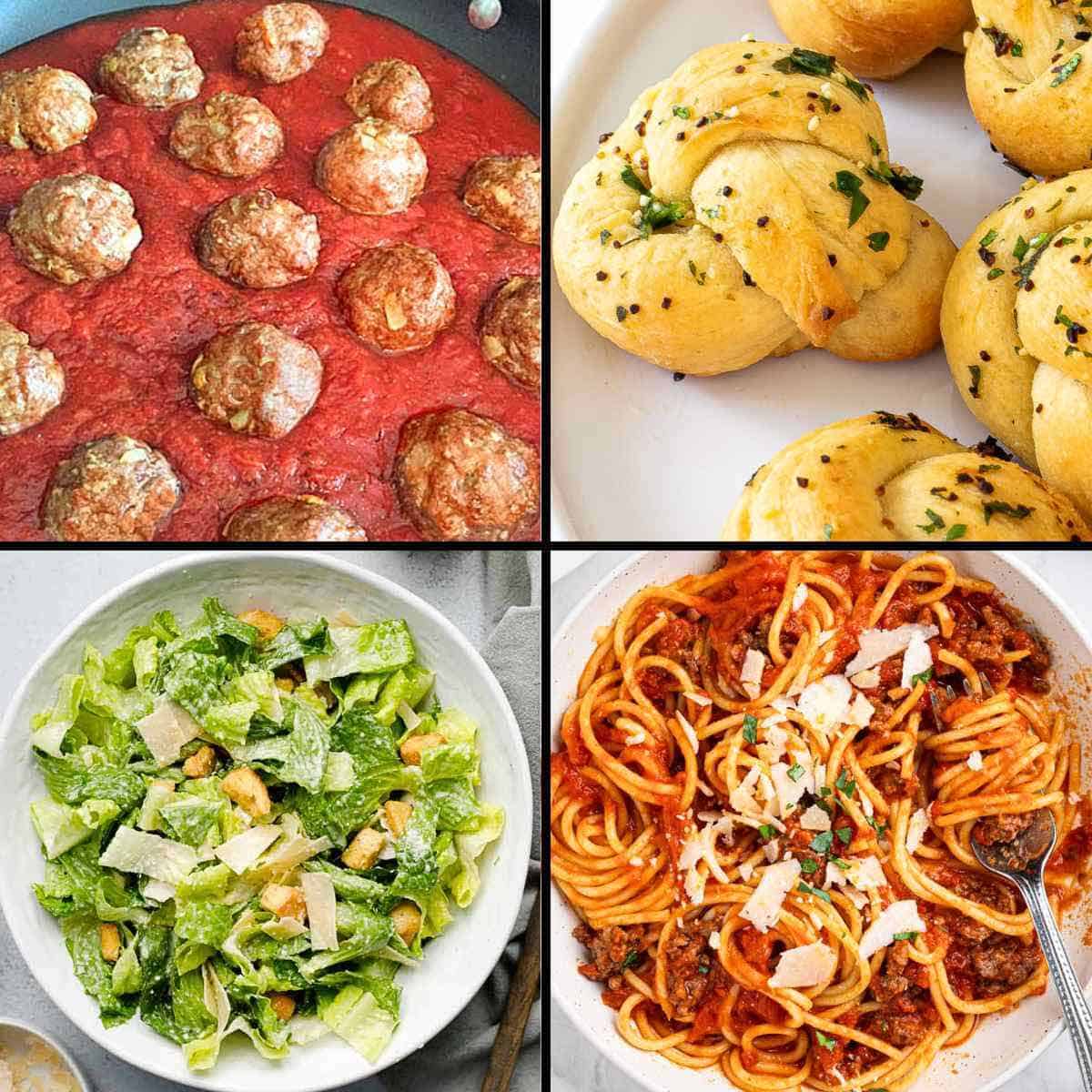 Meatballs in a pot with spaghetti sauce, garlic knots, spaghetti, and a Caesar salad.