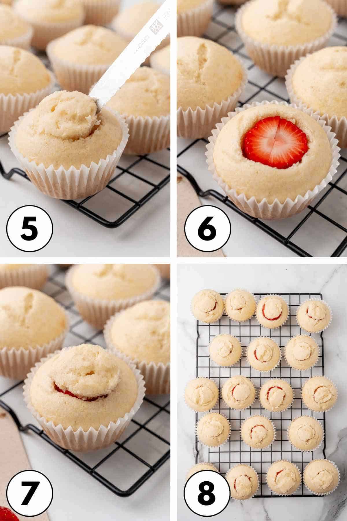 Showing the steps to fill vanilla cupcakes with fresh strawberries.