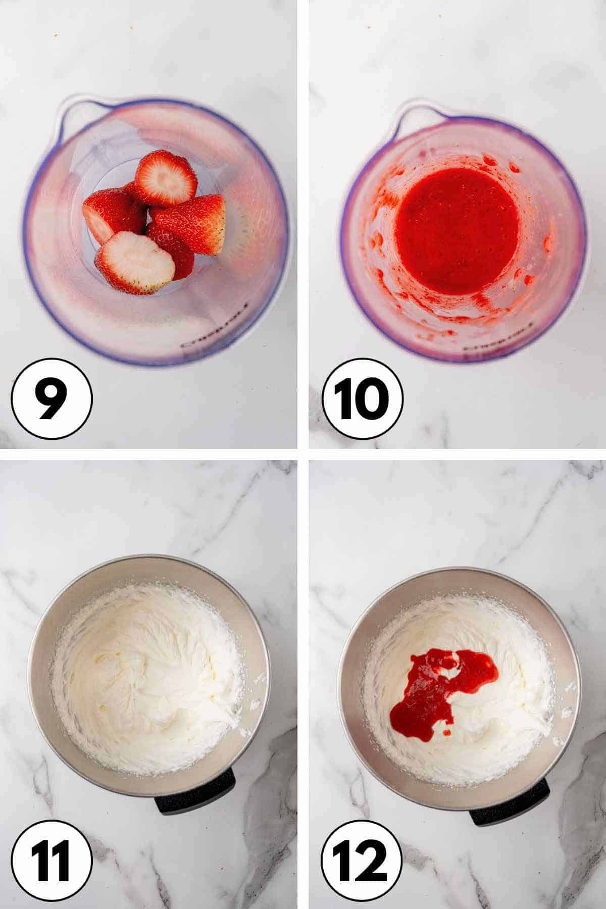 Making the strawberry whipped cream frosting.