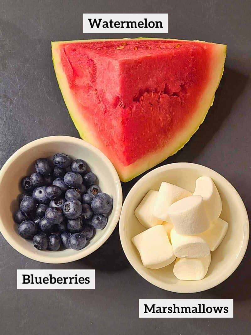 Watermelon, blueberries and marshmallows.