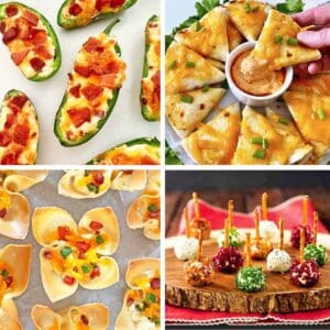 Four cheesy appetizers, including jalapeno poppers, quesadillas, mini cheese balls, and jalapeno popper wonton cups.