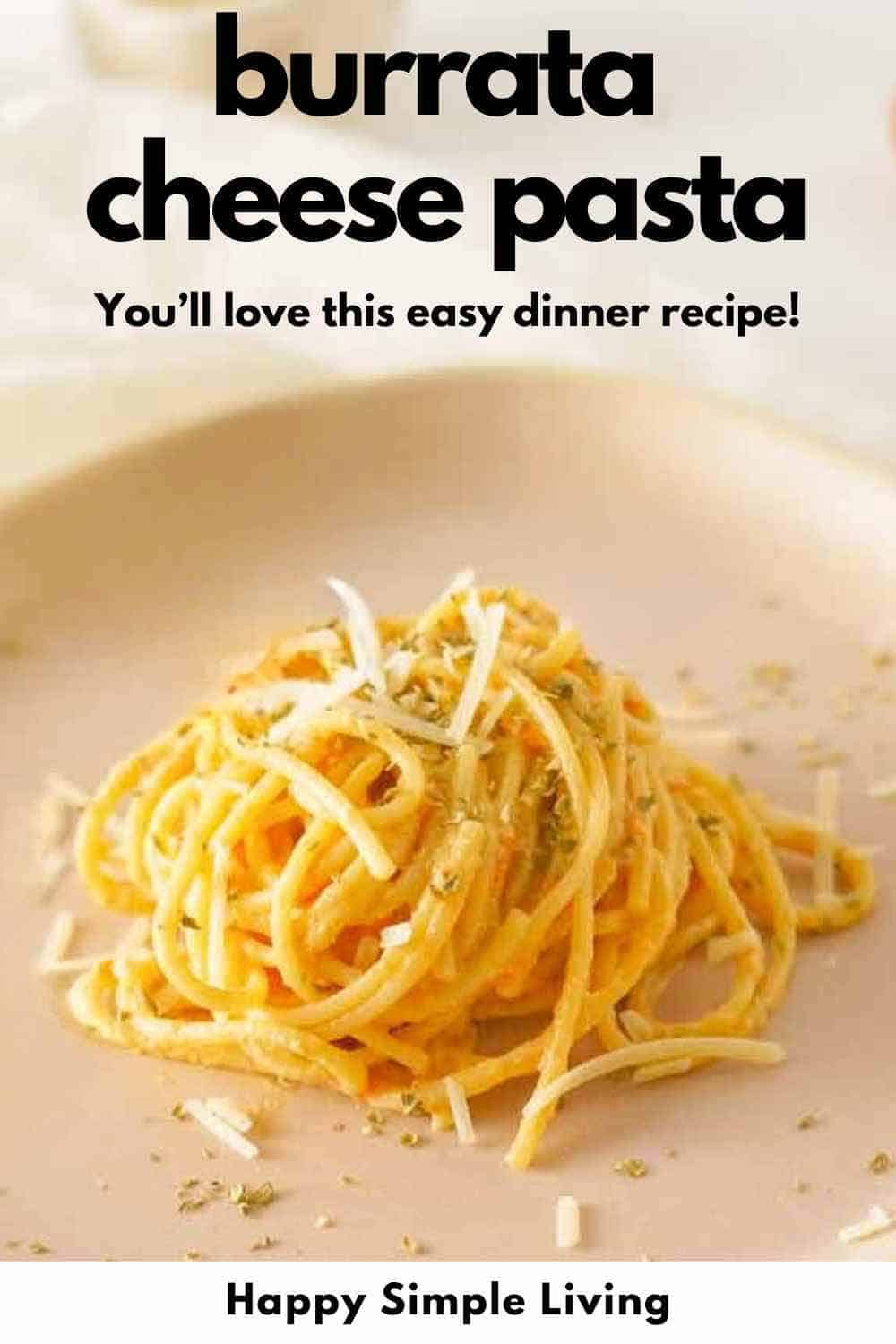 A serving plate with pasta noodles topped with tomato burrata cheese sauce. 