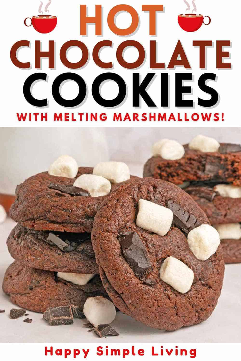 Hot chocolate cookies topped with marshmallows and stacked on a white plate.