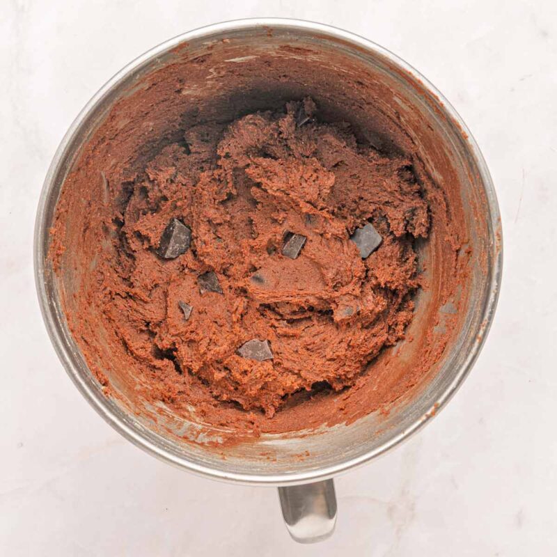 The hot chocolate cookie dough in a mixing bowl. 
