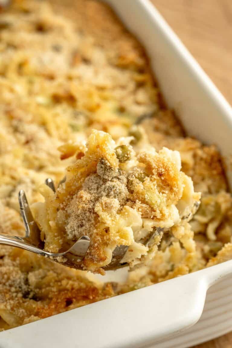 A white baking dish filled with tuna casserole.