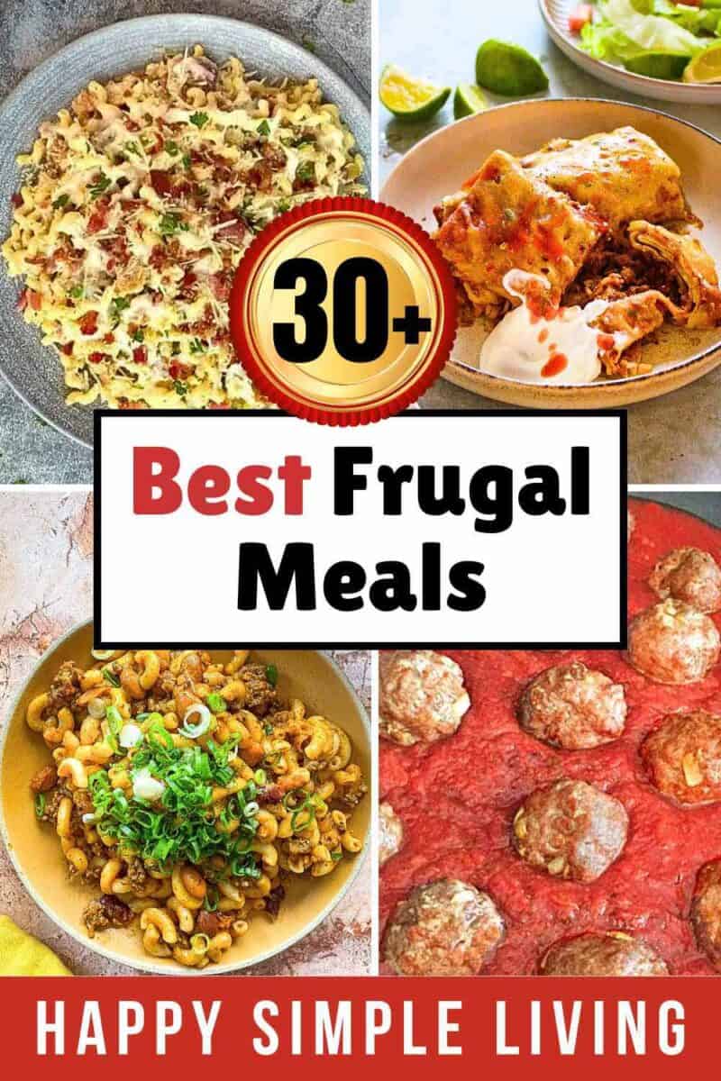 Four frugal meals ready for serving, including pasta, lasagna, meatballs, and chili mac.