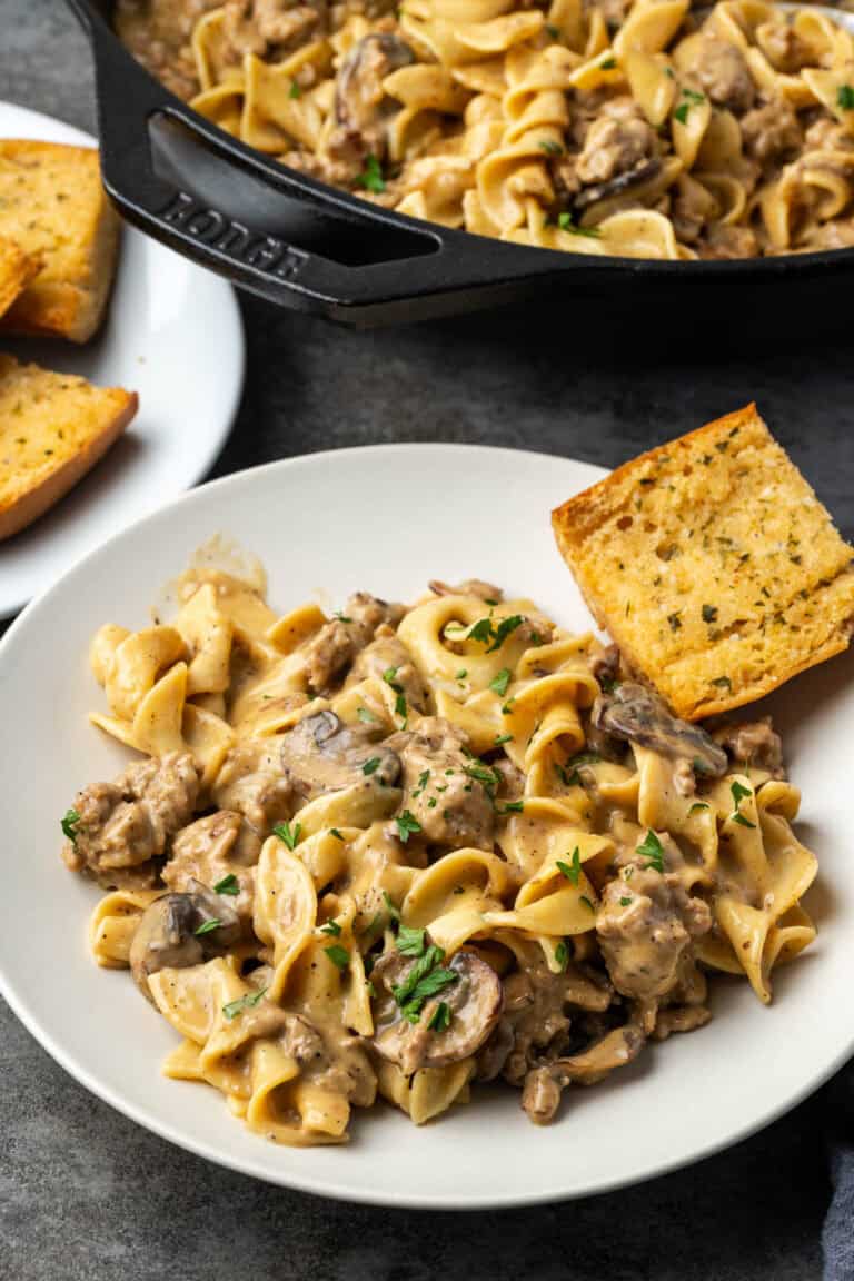 A white dinner plate topped with ground turkey stroganoff.