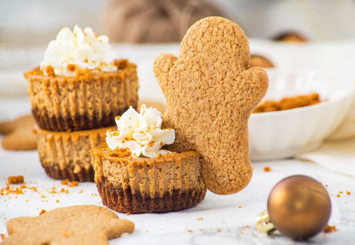 Side view of a mini gingerbread cheesecake with a gingerbread cookie stuck into the side.