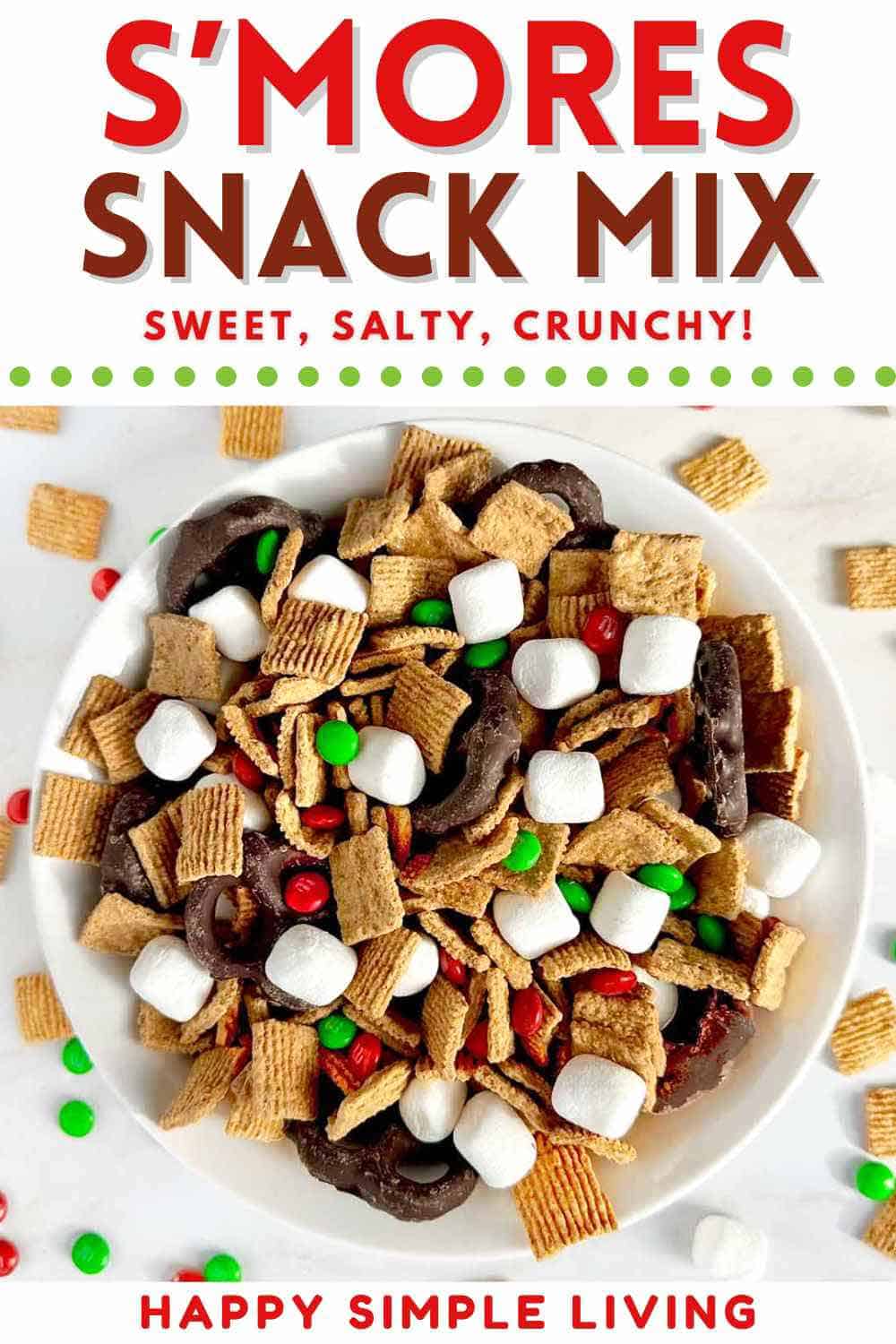 S'mores Snack Mix in a white bowl.