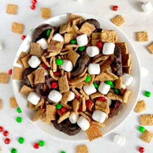 A bowl of homemade s mores snack mix.