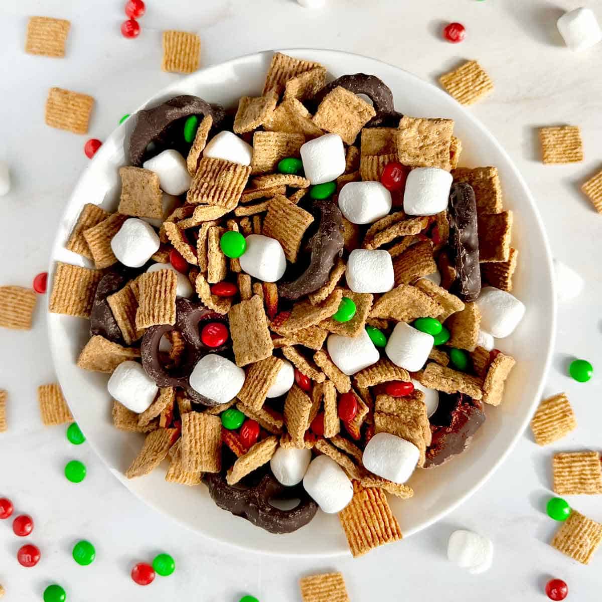 A bowl of homemade s mores snack mix.